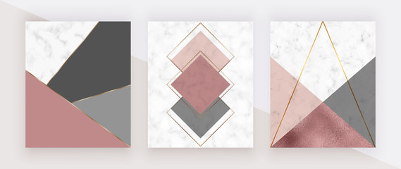 Geometric cover with pink, rose gold and grey triangular shapes, golden lines on the white marble texture. Modern backgrounds for menu, banner, card, flyer, invitation, product package, brochure.