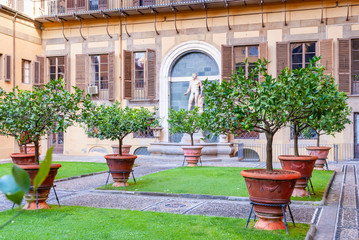 Outer courtyard of the Medici Riccardi Palace, which has an Italian garden with statues and tubs with plants. - 314849347