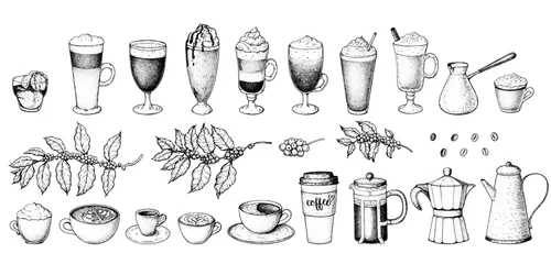 Muurstickers Koffie Koffie drinken handgetekende collectie. Schets grafische elementen voor menuontwerp. Vintage vectorillustratie. Diverse koffiedranken set. Koffiekopjes, bonen en koffiezetapparatenillustratie.