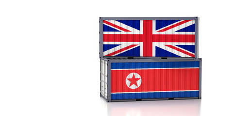 Fototapeta na wymiar Freight container with United Kingdom and North Korea flag. 3D Rendering