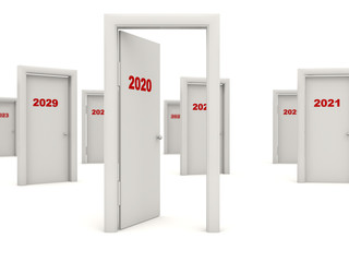 Door with 2020 New Year sign isolated on white