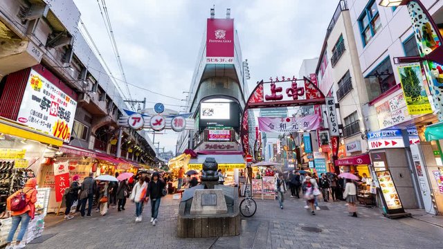 4k video of Tokyo, Ueno, Tokyo, Japan- November 6, 2019: 4K time lapse video of many people shopping at Ameya-Yokocho(AmeYoko) or Ameyayokocho Market.