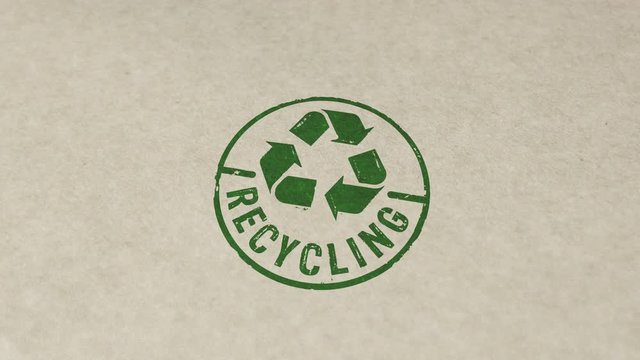 Recycling stamp and hand stamping impact animation. Recycle symbol, arrows, recyclable materials, environmental protection and earth safe 3D rendered concept.