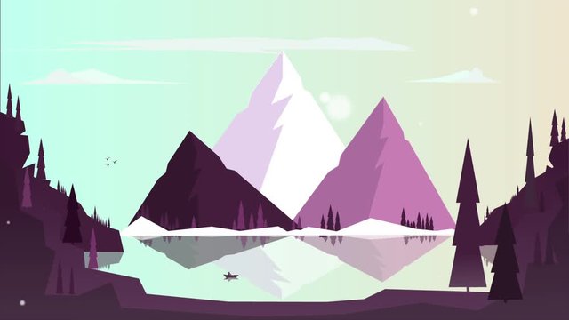 Lonely boat on sea in the background mountains at dawn in the winter. Snowing. Illustrated animation