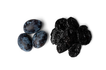 Fresh plum and prune isolated on white background.