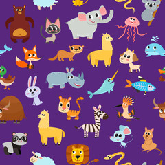 Cute cartoon animals alphabet pattern isolated on violet.