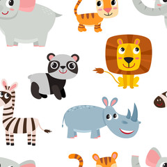 Cute cartoon animals pattern isolated on white.