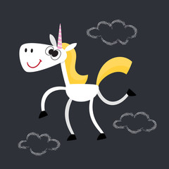 Cute magic unicorn character isolated on black.
