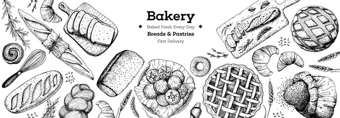 Fototapeta Bakery background. Bakery top view frame. Hand drawn sketch with bread, pastry, sweet. Bakery set vector illustration. Background design template . Engraved food image. Black and white package design. obraz