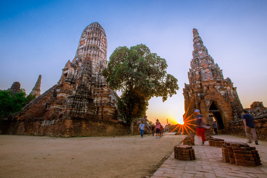 Wat Chai Watthanaram-Ayutthaya: December 21,2019,atmosphere of a religious tourist location next to the ChaoPhraya River,tourists coming to visit and make merit during holidays in the Old town,thailad