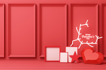Valentine's day concept red decorate wall background with red hearts with red star and decoration 3d rendering