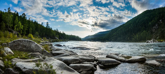 Small Yenisei river in summer day.