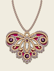 Vintage gold jewellery heart decorated with diamonds and ruby gemstones, elegant women's decoration, filigree jewelry necklace isolated on white background