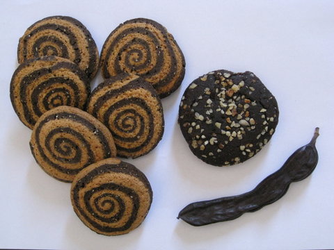  conjunto y  combinación de  varias galletas de algarroba artesanas, ecológicas, unas con frutos secos  y otras con trigo con dibujo de espiral y semilla de algarroba comestible