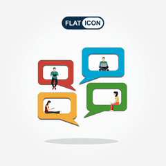 Speech bubbles for comment anf reply concept flat vector illustration of young people using mobile smartphone for texting and leaving comments in social networks. Guys and women sitting on big symbols
