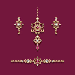 Vintage gold jewelry, earrings, forehead decoration and bracelet with diamonds and ruby gemstones, elegant jewellery collection, set of filigree women's decoration in Indian style