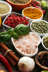 Spices and herbs on table. Food and cuisine ingredients for good cooking