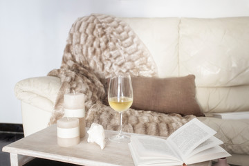 Wine glass and open book on wooden table in living room, cosy sofa and warm blanket in the back. Relax at home concept.