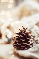 Gold painted pine cone on knitted blanket on christmas holiday decoration background