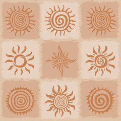 Vintage background, sun symbols in ethnic style