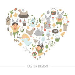 Vector Easter heart shaped frame with bunny, eggs and happy children isolated on white background. Christian holiday themed banner or invitation. Cute funny spring card template..