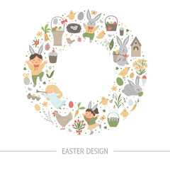 Vector Easter round frame with place for text isolated on white background. Christian holiday themed banner or invitation framed in circle. Cute funny spring card template..