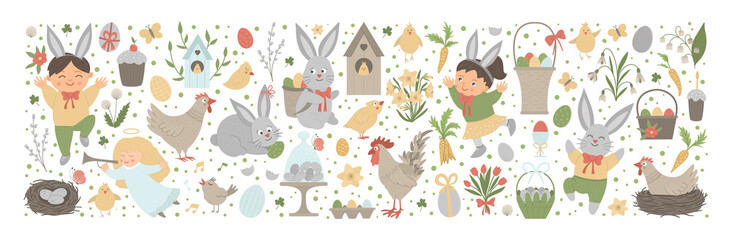 Vector Easter horizontal layout set with bunny, eggs and happy children isolated on white background. Christian holiday themed banner or invitation. Cute funny spring background..