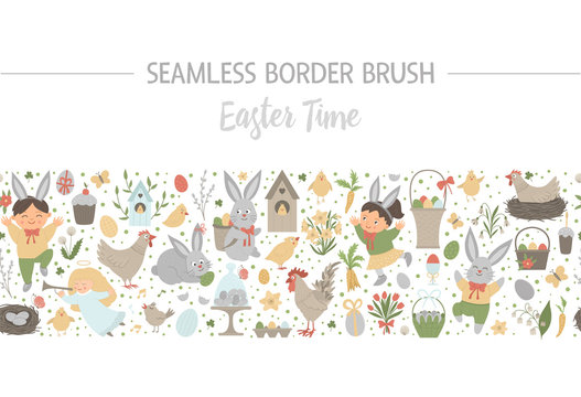 Vector Easter seamless pattern brush. Christian holiday themed background. Repeating border with bunny, eggs and happy children isolated on white background..