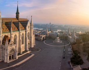 Fototapeta premium Europe Hungary Budapest Matthias chrurch Fishemrans bastion. Aerial cityscape. colorful. HQ