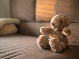 Warm light through the home,Teddy bear sit alone on the sofa.