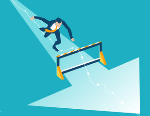 Fototapeta premium Business man running and jumping over hurdles towards success. Winning and successfulness in business concept illustration