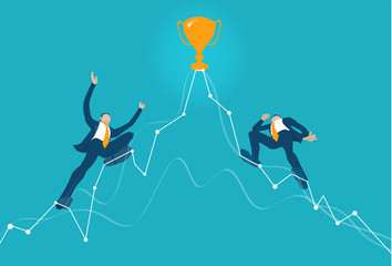 Business people make tight-walk walking towards the golden trophy. Competing, climbing up on the growth chart, arrow, symbol of dangerous financial situation. Business concept illustration