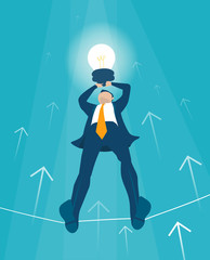 Businessman makes tight-walk walking with light bulb. Climbing up on the growth chart, arrow, symbol of dangerous financial situation. Business concept illustration