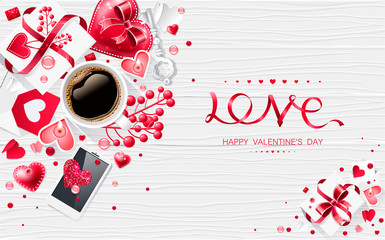 Valentine day love cup of coffee lettering web brochure flyer for advertising sale party design element wooden background