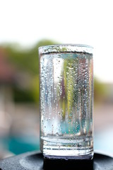 glass of water with ice on green background