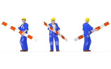 3d rendering of a man holding a road barriere warning sign isolated