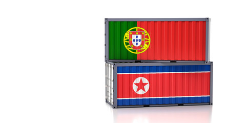 Freight container with Portugal and North Korea flag. 3D Rendering