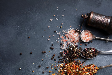 Varieties of regional spices. on dark background.