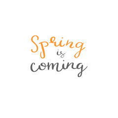 Hand written Spring is comong phrases in color. Greeting card text templates. Hello Spring lettering in modern calligraphy style. Spring wording. Brush Pen lettering Spring is comong.