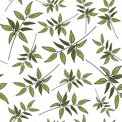 Fototapeta premium Hand drawn illustration. Seamless pattern with green leaves for background, fabric, wrapping paper. stock template design on white background.