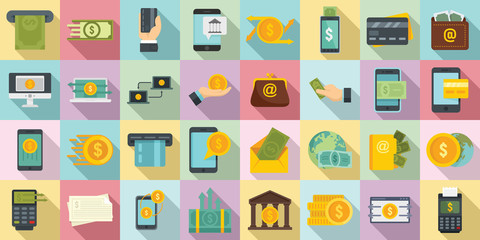 Money transfer icons set. Flat set of money transfer vector icons for web design