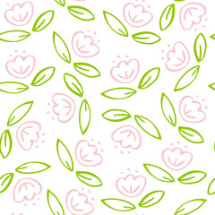 Hand drawn illustration. Seamless pattern with pink flowers for background, fabric, wrapping paper. stock template design on white background.