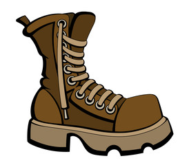 Military boots, construction shoes. With untied shoelaces. Brown color. Cartoon style.