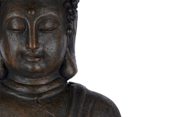 Porträt einer Buddha-Skulptur aus Bronze mit deutlicher Patina mit Platz für Text isoliert auf...