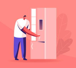Young Man Opening Smart Refrigerator with Informational Display and Wireless Wifi Internet Connection. Household Artificial Intelligence Device for Kitchen, Iot Tech Cartoon Flat Vector Illustration