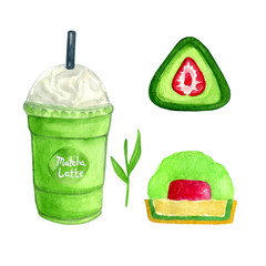 watercolor matcha latte and moti with strawberry . Ecological drink. Healthy lifestyle