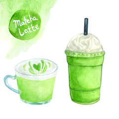 watercolor matcha latte. Ecological drink. Healthy lifestyle