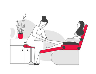 Woman Visiting Pedicure Salon for Applying Beauty Procedure. Master Polishing and Care for Nails to Client Girl Sitting in Comfortable Transforming Chair. Cartoon Flat Vector Illustration, Line Art