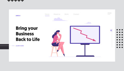 Financial Crisis, Investment Recession on Stock Website Landing Page. Businesswoman Looking on Chartboard with Red Arrow Going Down. Falling Chart Web Page Banner. Cartoon Flat Vector Illustration