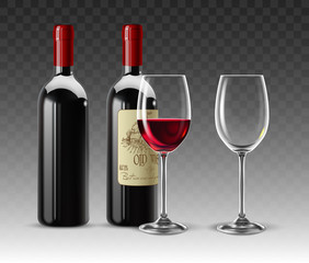 Two bottles of red wine and two transparent glasses for wine, one of which is half full of red wine. 3D vector. High detailed realistic illustration.